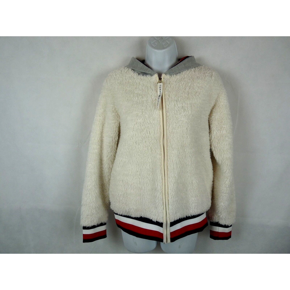 Tommy Hilfiger White Fur with Red/Blue Stripe Hoodie Full Zipper Jacket Size S/P